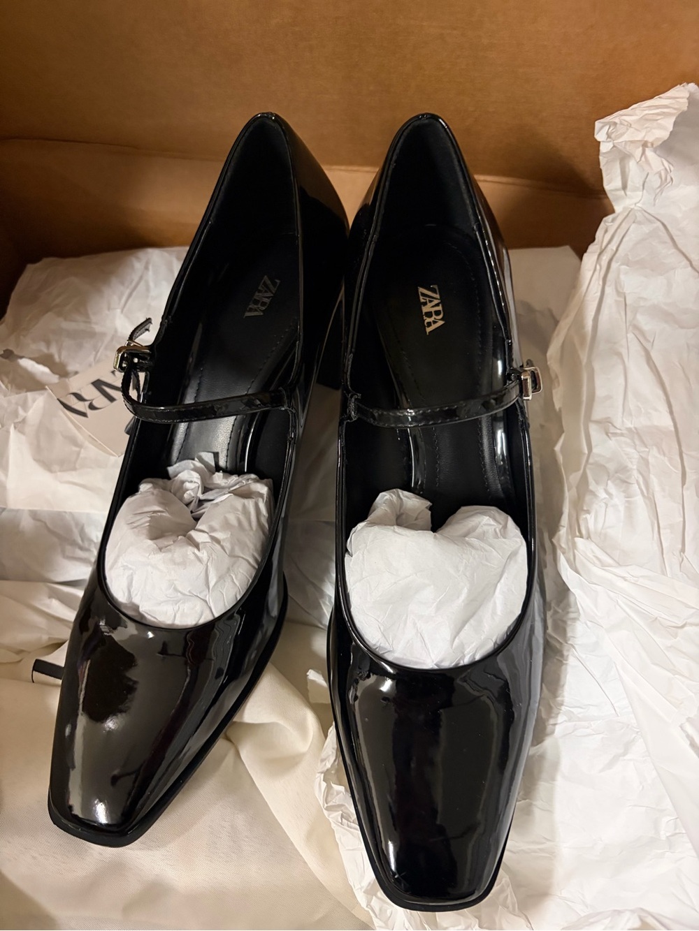 Zara Black Patent Mary Jane Heels with Pointy Square Toe